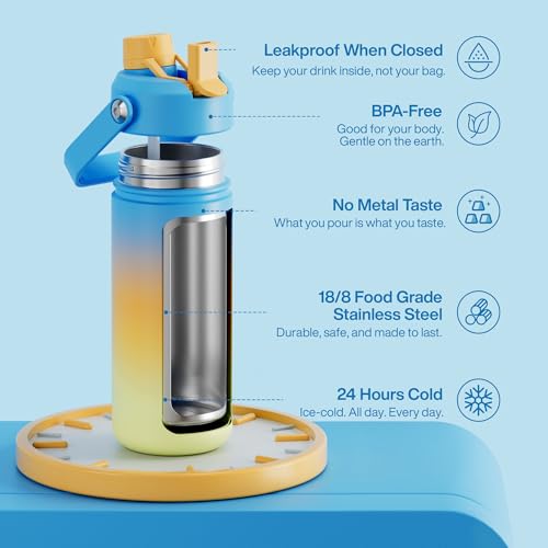 Image of ENCOOL Insulated Water Bottle with Straw Stainless Steel Water Bottle, Leak-Proof, BPA-Free, Double Wall Vacuum Keeps Cold for 24 Hours for Sports, Travel, School (18 oz, Sunny Breeze)
