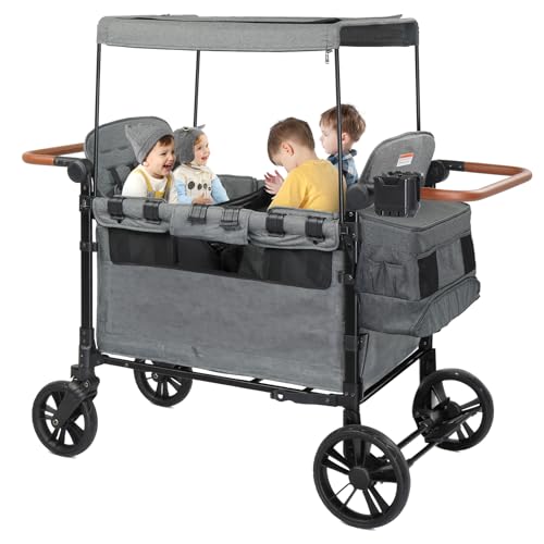 Image of 4 Seats Stroller Wagon for Kids, 3 in 1 Baby Toddler Cargo Strollers with Removable Canopy, 5-Point Harnesses & Adjustable Handles for Travel, Beach, Camping, Extra Large (Gray)