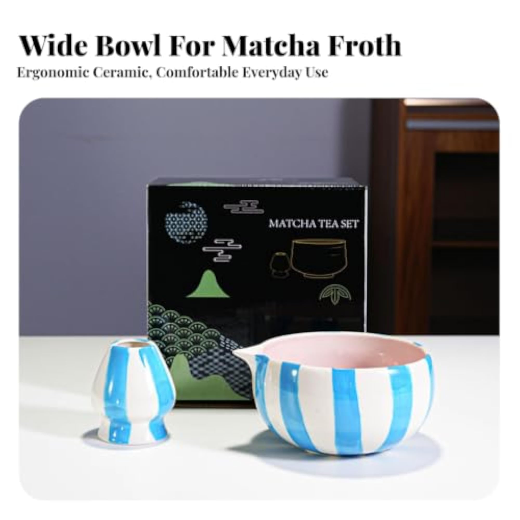Hand-Painted Matcha Tea Set, Blue-White Stripe