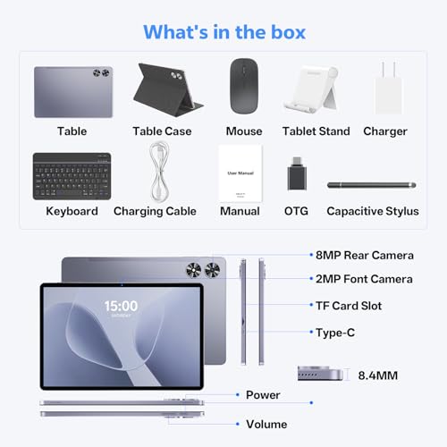 Image of 2025 Android 16 Tablet with Keyboard, 20GB+128GB 11 Inch Octa-Core 2-in-1 Tablets Dual Camera 8+13 MP, 5G /2.4G WiFi, 8800mAh, BT5.0, GMS Certified, with Mouse, Case, Stylus, (Gray)