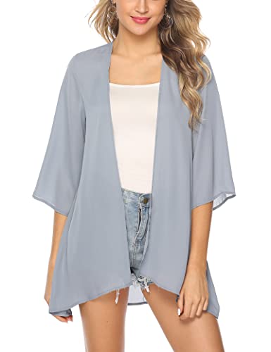 Aottori Damen Lang Chiffon Bolero Sommer Boho Leicht Casual Cardigan Strickjacke Offene Front Strand Kimono Florale Beachwear Bikini Cover up Shawl Bluse Oberteil Tops Grau-2 L