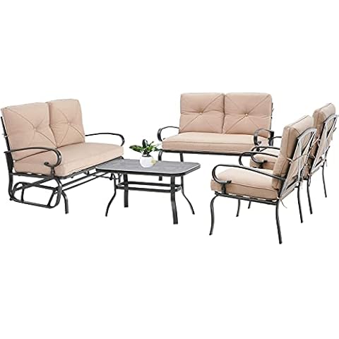 SOLAURA Outdoor Metal Furniture Sets 5 Pieces(6 Seats) Patio Conversation Set (Patio Swing Glider, 2 Patio Chairs, Loveseat with Coffee Table), Brown Cover