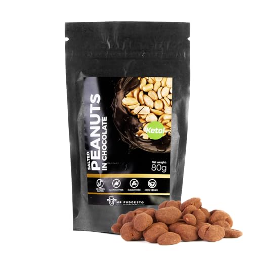 Maní Tostado con Sal Cubierto de Chocolate para Postre - Dulces Mr Fudgesto - Delicia Premium - Sin Azúcar Añadido - Aperitivo Saludable - Frutos Secos y Frutas Recubiertos de Cacao - Caja de 80g