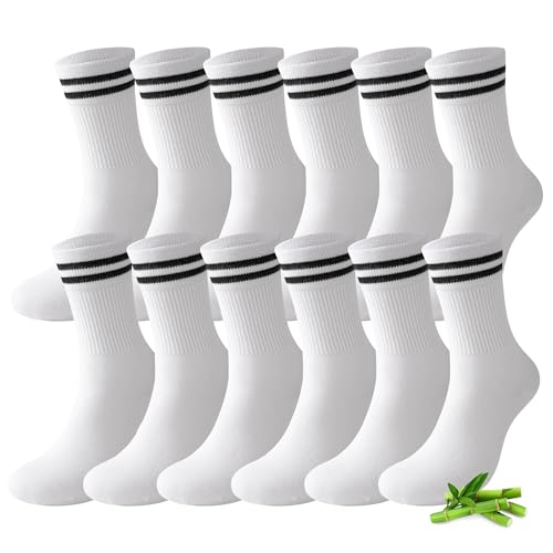 FALARY 6 Paar Bambus Tennissocken Herren 43-46 Damen Socken Atmungsaktiv Baumwollsocken Sportsocken Männer Socken Weiss