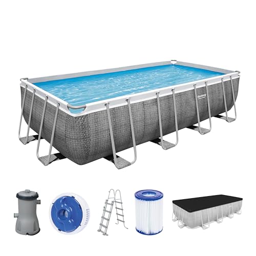 Bestway Power Steel Frame Pool Komplett-Set mit Filterpumpe 488 x 244 x 122 cm, Rattan-Optik (Schiefergrau), eckig