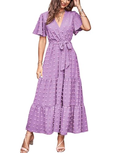 Image of MASCOMODA Women Boho Swiss Dot Maxi Dresses Wrap V Neck Flutter Short Sleeve Solid Tie Waist A Line Tiered Flowy Long Dresses