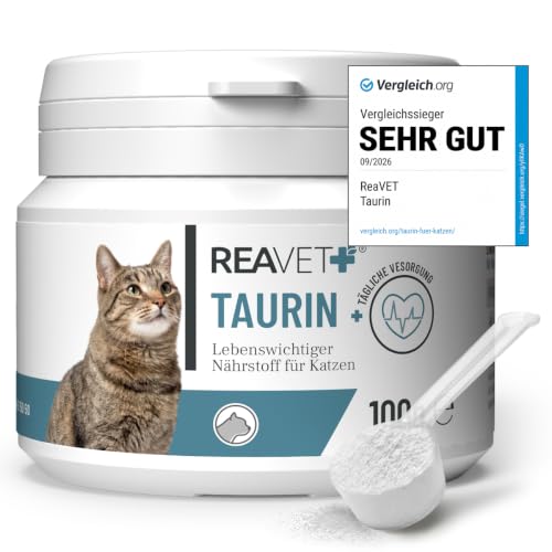TESTURTEIL SEHR GUT 2026 ReaVET Taurin für Katzen Pulver 100g – Essenzielle Aminosäure für Herz, Augen & Immunsystem – 100% rein, ohne Zusatzstoffe – Futterzusatz für Katzen