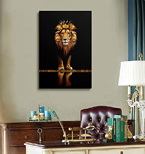 Lion Animal Canvas Print Wall Art Honorable And Confident With Crown Black And Gold Framed And Stretched Pictures For Living Room Bedroom Home Office Wall Decor Artwork,Bedroom Decor For Men Gift #TOP2
