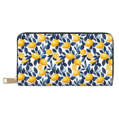 Leather Thin Slim Wallets for Women Men - Fashion Lemon Tree Leaf Print Card Wallet Holder with Zipper