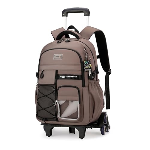 MITOWERMI Mochila de rodinhas com rodas para meninas e meninos, mochila escolar com rodas, mochila com rodinhas, Marrom de 6 rodas, 6-Wheel, Mochilas Daypack