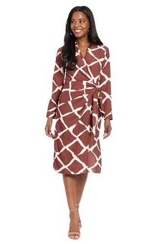 Image of London Times Women's Long Sleeve Collared Shirt Dress-Self-tie Waist Belt Knee Length Lightweight Woven Fabric Business Casual, Burnt Sienna/Cream, 16