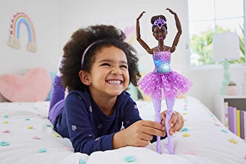 Image of Barbie Dreamtopia Twinkle Lights Ballerina Doll with Brunette Hair & Light-Up Feature Wearing Removable Headband & Purple Tutu