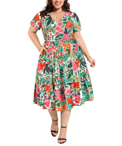 Image of CARCOS Plus Size Dresses for Women Summer Short Sleeve V Neck Patchwork Dresseses XL-5XL