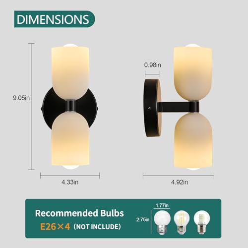 Image of Black Wall Sconces Set of Two Modern LED Bedside Reading Wall Light Fixture with Glass Wall Lamp for Bedroom Living Room Dining Room Reading Room Hallway(2-Light)