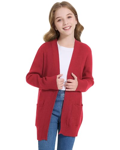 Image of WULFUL Girls Long Sleeve Cardigan Kids Casual Open Front Oversized Sweater with Pockets