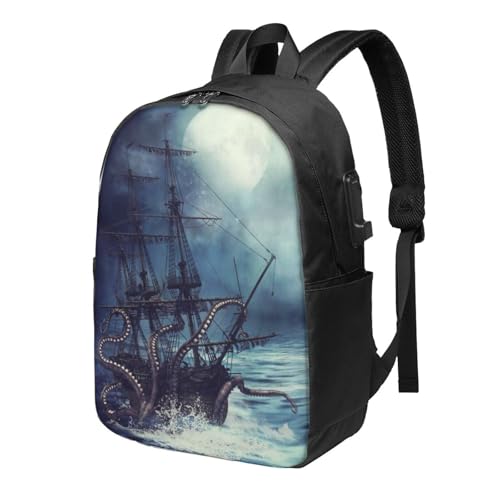 Pirate Ship Octopus Tentacles Backpack, 17 Inch Travel Business Laptop Backpack With USB Port for Women Men