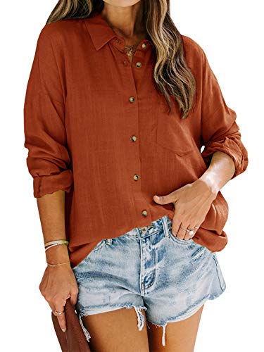 Womens Button Down Work Shirts Fall Long Sleeve Slub Cotton Casual Collared Business Blouse Tops