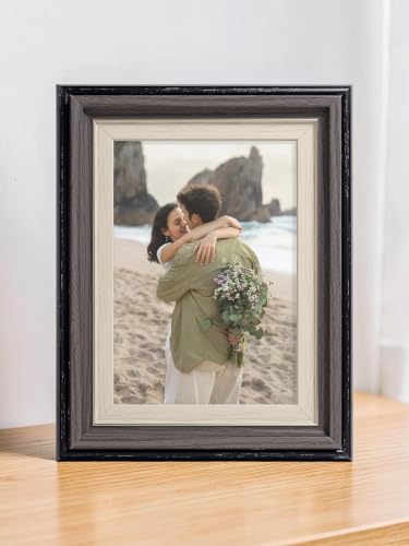 Image of GOLDEN PEACOCK 5x7 Inch PVC Photo Frame with Glass, Black & Walnut Brown Wood Texture Finish | Tabletop & Wall Mount Picture Frame for Home, Office & Gift Display