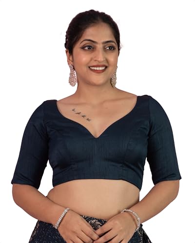 Image of FIGURE'S DESIGNER Women's Dupion Raw Silk Half Elbow Sleeves Sweetheart V Neck Sabyasachi Cut Readymade Saree Blouse S10