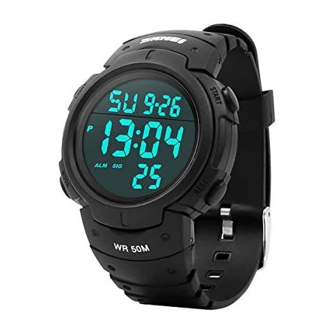 Welltop Mens Sports Digital Watch, Waterproof Sports Watch Outdoor Running Watch with LED Backlight, Timer, Alarm, Sport LED Wrist Watch for Men (Grey) (Black) Cover