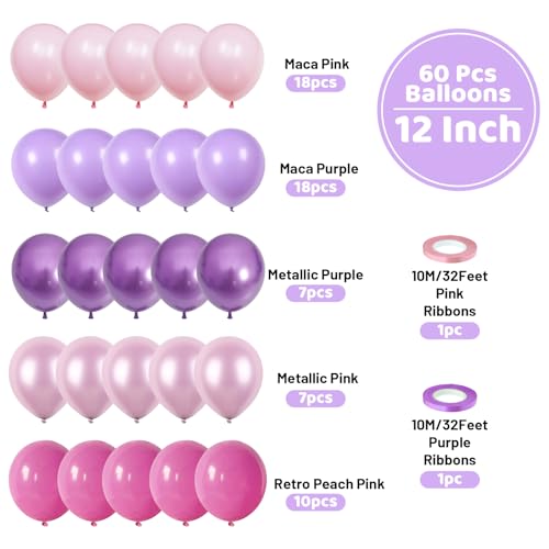 Image of Funhot Pink Purple Balloons Set, 60PCS Purple and Pink Party Balloon, 12Inch Pastel Metallic Purple Pink Latex Balloons Birthday Balloons for Girls Princess Butterfly Wedding Baby Shower Decorations