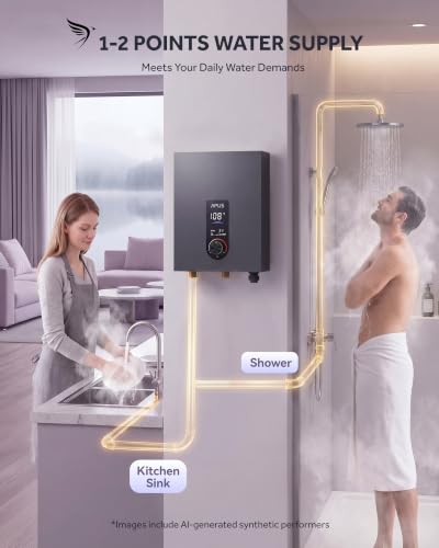 Image of APUS 14kW Tankless Water Heater Electric, 240V Instant On Demand Hot Water Heater, Up to 3.3 GPM with LED Display, Space-Saving and Energy-Saving Whole House Water Heater Design