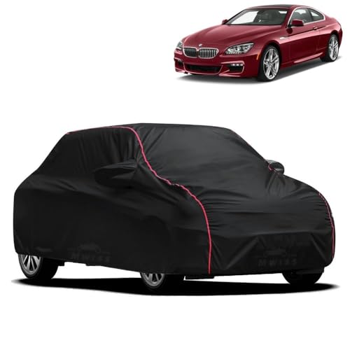 Image of Waterproof Car Cover for BMW 525i | All-Weather Protection, Dustproof & UV Resistant | Triple Stitched Mirror Pockets, Windproof Buckle Strap with Elastic Hem, Black-Red Piping