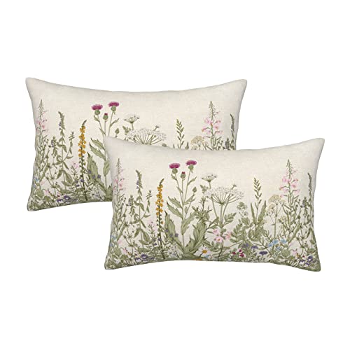 Image of AEIOAE Sage Green Pillow Covers 12x20 Inch Set of 2, Spring Wildflower Plant Throw Pillows Case,Seasonal Floral Outdoor Decorative Flowers Farmhouse Decor Cushion Covers for Home Sofa Bed Couch