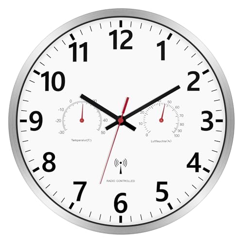 Foxtop Horloge Murale Radio Pilotée avec Thermomètre et Hygromètre - Horloge Silencieuse sans Bruit (30 cm) pour Cuisine, Salle de Bain, Salon, Garage