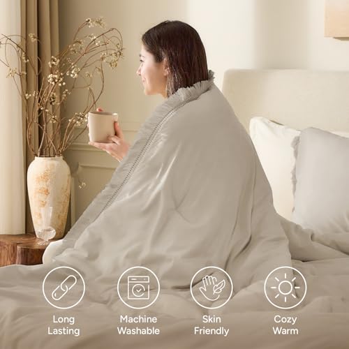 Image of Andency Oatmeal Comforter Set Twin Size, 2 Pieces Boho Tassel Lightweight Bedding Comforter Sets, All Season Soft Fluffy Fringe Bed Set (66x90In Comforter & 1 Pillowcase)