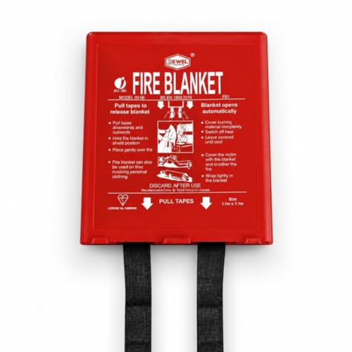 Jewel Fire Blanket 1m x 1m in Rigid Case | BS EN 1869 Kitemarked Kitchen Fire Blanket | Wall Mounted Fire Safety Blanket for Home Kitchen Caravan BBQ & Holiday Lets