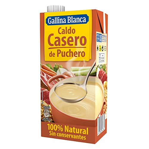 GALLINA BLANCA Caldo Casero de Puchero 100% Natural | Elaborado con Hortalizas de la Huerta, Jamón Curado y Garbanzos. Cocinado a Fuego Lento. Sin Gluten, Sin Conservantes, Bajo en Grasa - 1L
