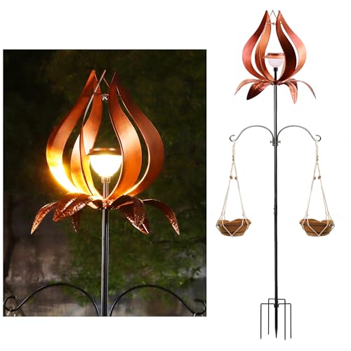 Multi-Functional Yard Wind Spinners with Solar Lights Outdoor Garden,YNGFIL Large Ornaments Outdoor with Double Shepherds Hooks and Coconut Fiber Liner Hanging Planters (83 in)