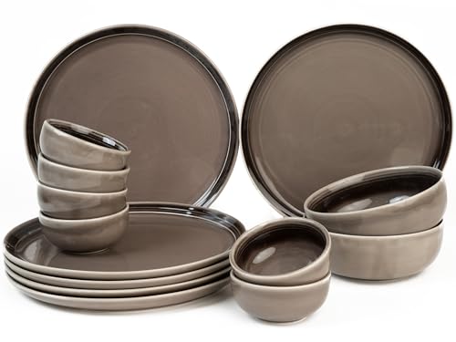 Image of Bodhi House Handcrafted Chip Resistance Porcelain Dinner Set, 14 Pieces Dish Set Serving for 6, Microwave and Dishwasher Safe, Bone-ash Free, Crockery Set for Dining and Gifting, Smoke Grey