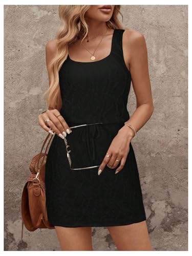 Image of RoseSeek Women's Waffle Knit Belted Tank A Line High Waisted Dresses Square Neck Sleeveless Summer Short Dress