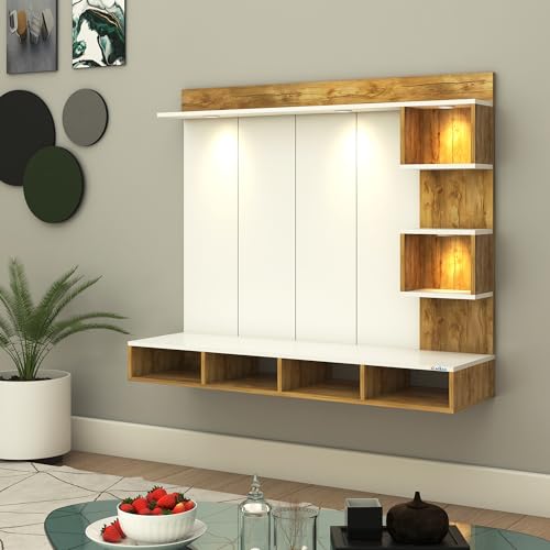 Image of Anikaa Kirina Engineered Wood Wall-Mount TV Unit with PVC Back Panel & LED Lights | TV Cabinet with Storage Box & Decorative Shelves (Gaintwood /White) ? Ideal for TVs up to 40 Inch | DIY Installation