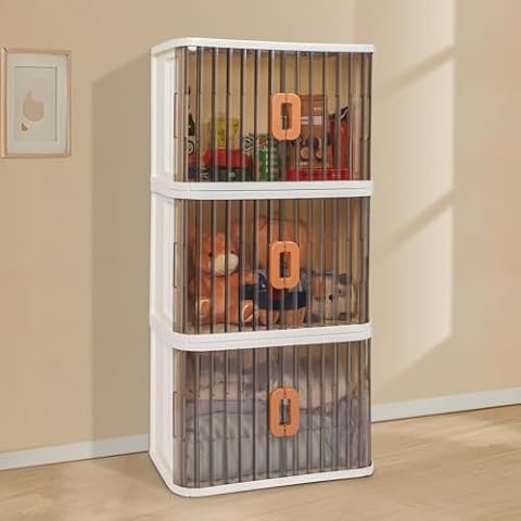 CIWEI Foldable Storage Cabinet with Wheels, 3-Tier Stackable Storage Bins with Doors and Wheels Adjustable Shelves for Kids Free Standing Shoe Shelf Cabinet for Kitchen Bathroom Cover