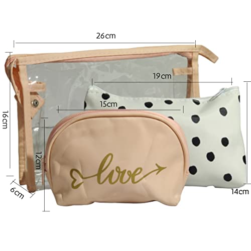 Image of Set of 3 Combo Makeup Pouch Vanity Pouch Travel Organizer for Women | Large, Medium, Small Cosmetic Bags Set - Love Polka Dot Peach