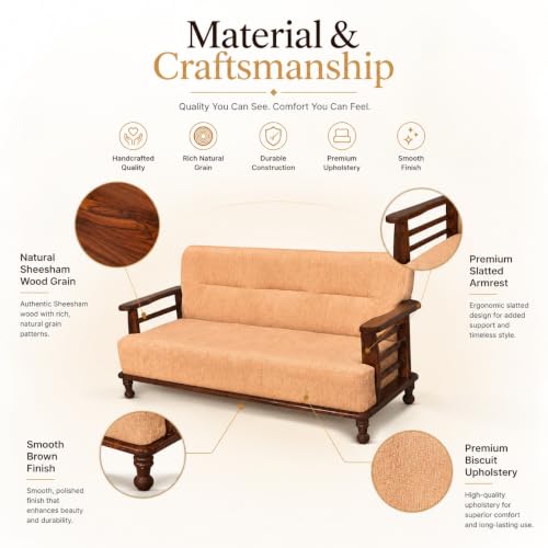 Image of Furniture Solid Sheesham 3 Seater Wooden Sofa for Living Room with Cushion|Slatted Armrest Design Wood 3-Person Sofa Set /Couch for Bedroom,Home,Office & Lounge|Brown Finish,Biscuit /Cream Color