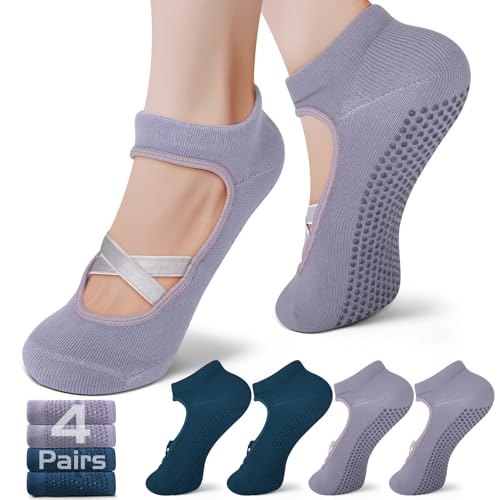 EgoNova Calcetines de pilates con empuñaduras para mujer - Calcetines antideslizantes para pilates, yoga, barra y baile, azul, púrpura, (Dark Blue and Purple), 4-10 Short