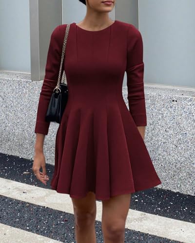 BTFBM Long Sleeve A Line Mini Dresses for Women,Burgundy,Medium - image 2
