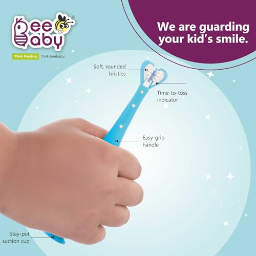 Image of BeeBaby Triple Angle Brush Buddy Toothbrush for Kids 3-6 Years. Suction Cup, 3 Side Super Soft Time to Change Indicator Bristles Ideal for Milk & Permanent Teeth. 100% BPA Free. Blue