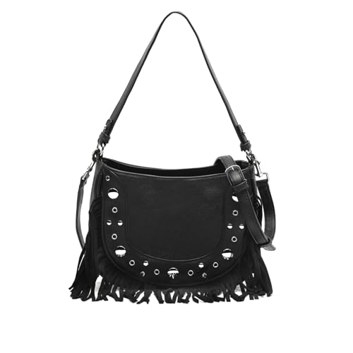 MISAKO Catrina bolso de hombro con asa bandolera extraíble con detalles metálicos y flecos Mujer - Catrina Negro 22x26x8cm