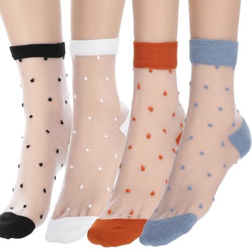 Image of Grevosea 4 Pairs Sheer Socks Women Ankle Dot Nylon Socks Summer Ultra Thin Nude Socks Dress Socks for Women (Black, White, Yellow, Blue)