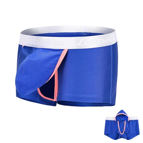 ZAIGGUT Mens Open Fly Boxer Briefs Ice Silk Bulge Pouch Underwear No Ride Up Sexy Trunks Underwear (Blue, M 32-34)