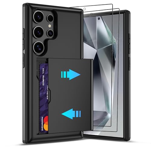 for Samsung Galaxy S24 Ultra with Card Holder Dual-Layer Design & 2 HD Screen Protectors Hidden Card Slot Wallet Case for Samsung S24 Ultra-Black