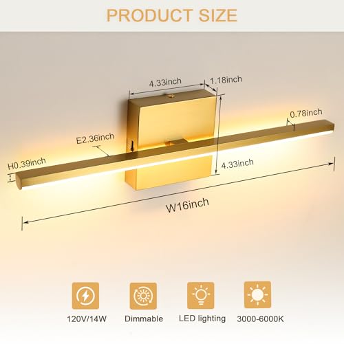 Image of Brushed Gold Vanity Light 16 Inch Modern Bathroom Light Fixtures 14W Wall Vanity Lamp Over Mirror, Dimmable 5CCT LED Wall Sconce for Bedroom Cabinets UL Certificated