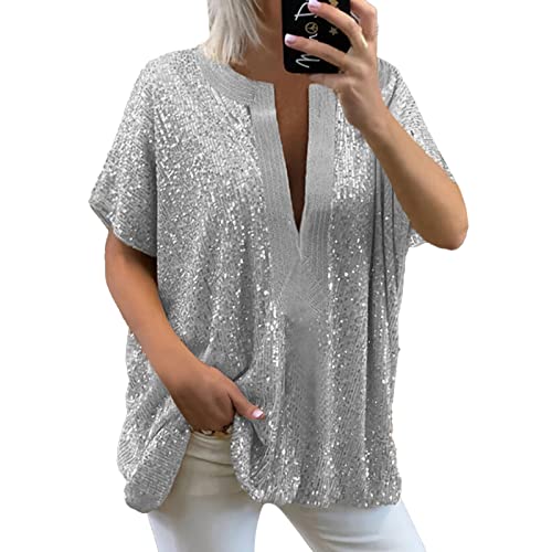 kosopse Glitter trui dames V-hals korte mouwen vrijetijdshemd korte mouwen blouse witte blouses dames, zilver, XXL