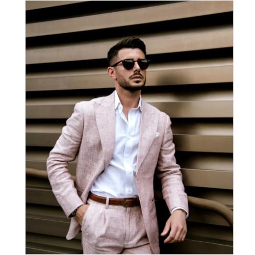 UNINUKOO Linen Suit for Men Summer Wedding 2 Piece Suit Set Peak Lapel Casual Blazer Pants Beach Wear for Men2