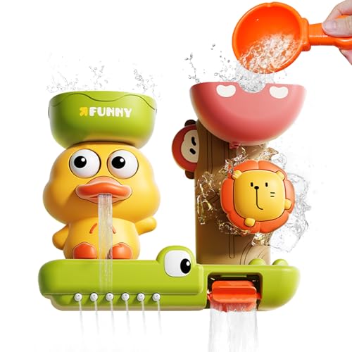 Aischens Juguetes de Baño para Bebe 1 2 3 4 Años, Juguetes Bañera con Cucharón Bebe 6-12 Meses, Juguete de Agua con Ventosas, Juguetes de Ducha de Pato y León, sin BPA, para Niños y Niñas 1-4 Años
